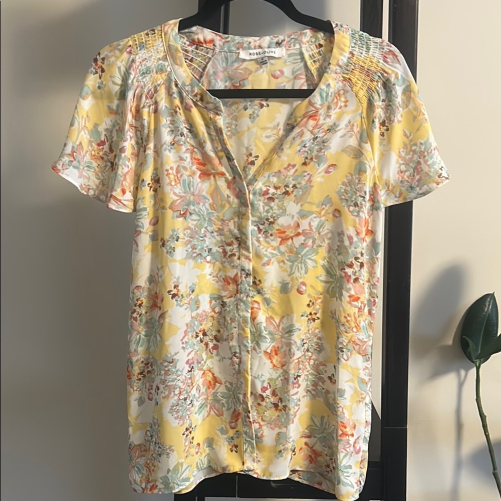 35.  Rose & Olive Yellow and Orange Puff Sleeve Blouse with Polo Collar